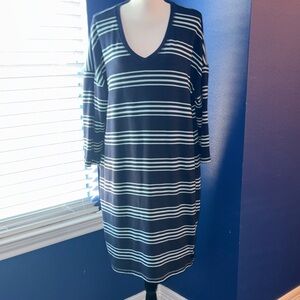 T by Talbots Navy & Aqua Blue Stripe V-Neck Dress – SPF 50 – Size XL – EUC
